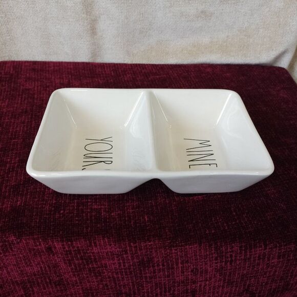 RAE DUNN Divided Double Dish MINE/YOURS Trinket Snack Salsa Dish by Magenta - Picture 2 of 9